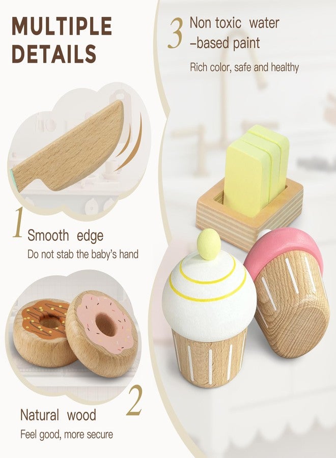 Frogprin 17 PCS Wooden Bakery Toy Food Playset for Kids, Pretend Picnic Play Food for Toddlers 3+, Play Kitchen Accessories with Shopping Bag, Cutting Food Toys, Gift for Girls Boys and Girls - Image 3